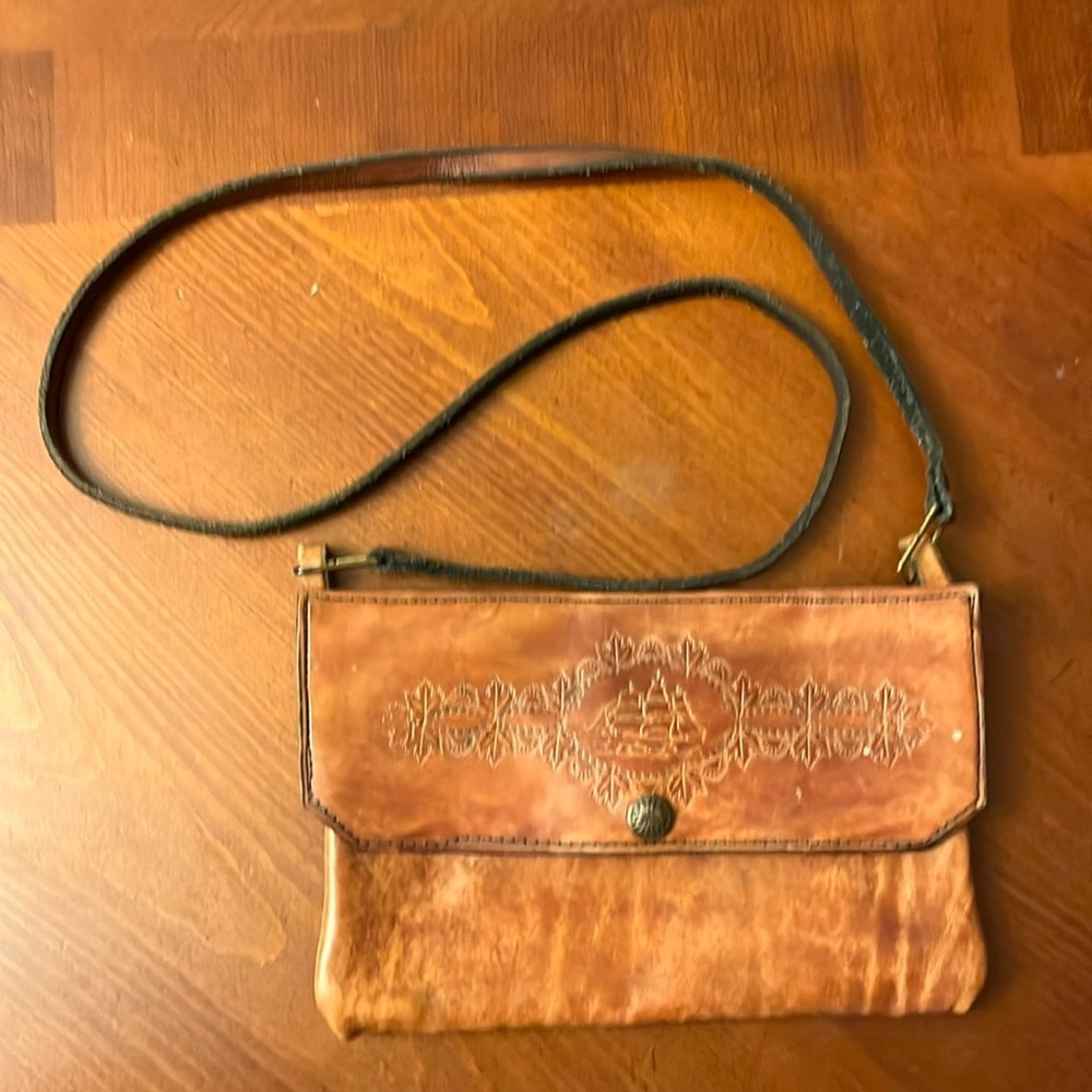Vintage Hand Tooled Genuine Leather Mini Bag Schooner Maple Leafs